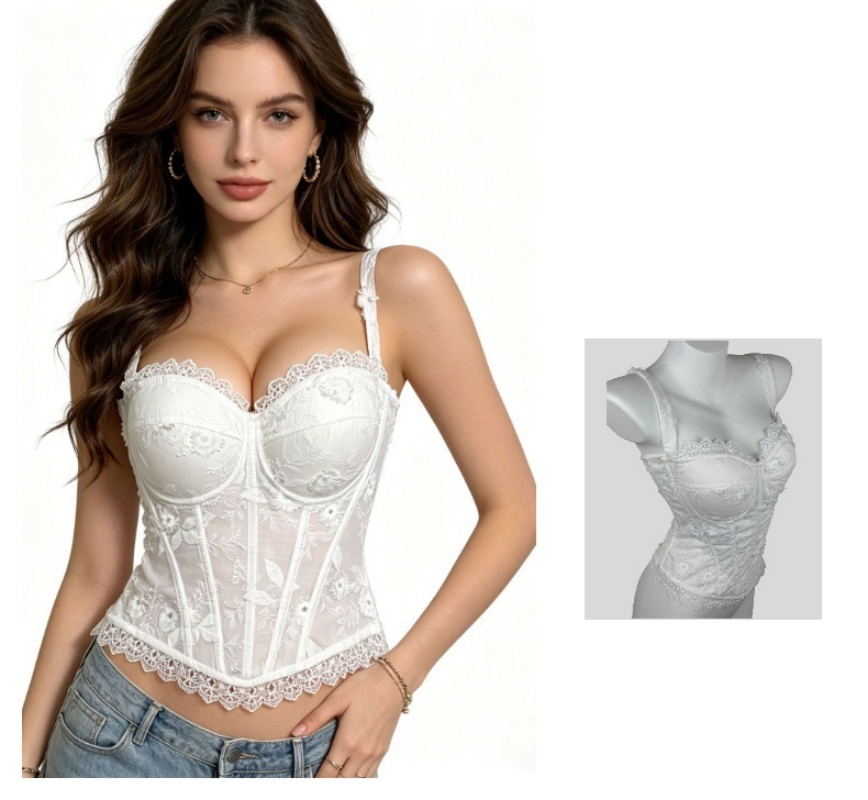 White Lace Cami Corset Top - 3D Floral Embroidery Bone Shaper Bustier